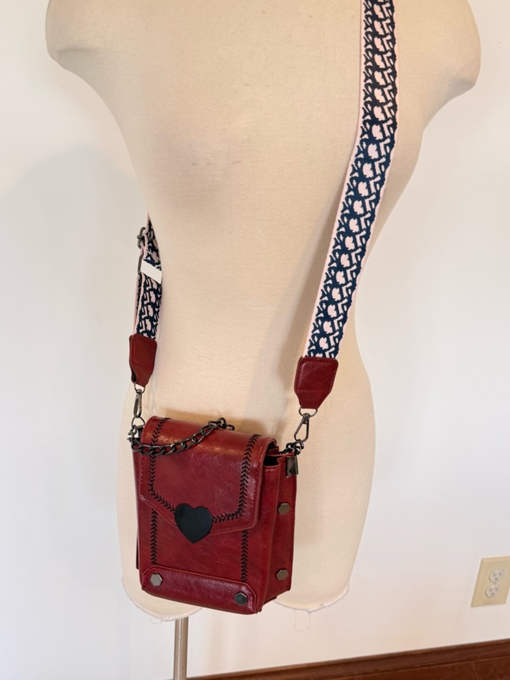 Vintage-Inspired Burgundy Vegan Leather Heart Studded Crossbody Bag
